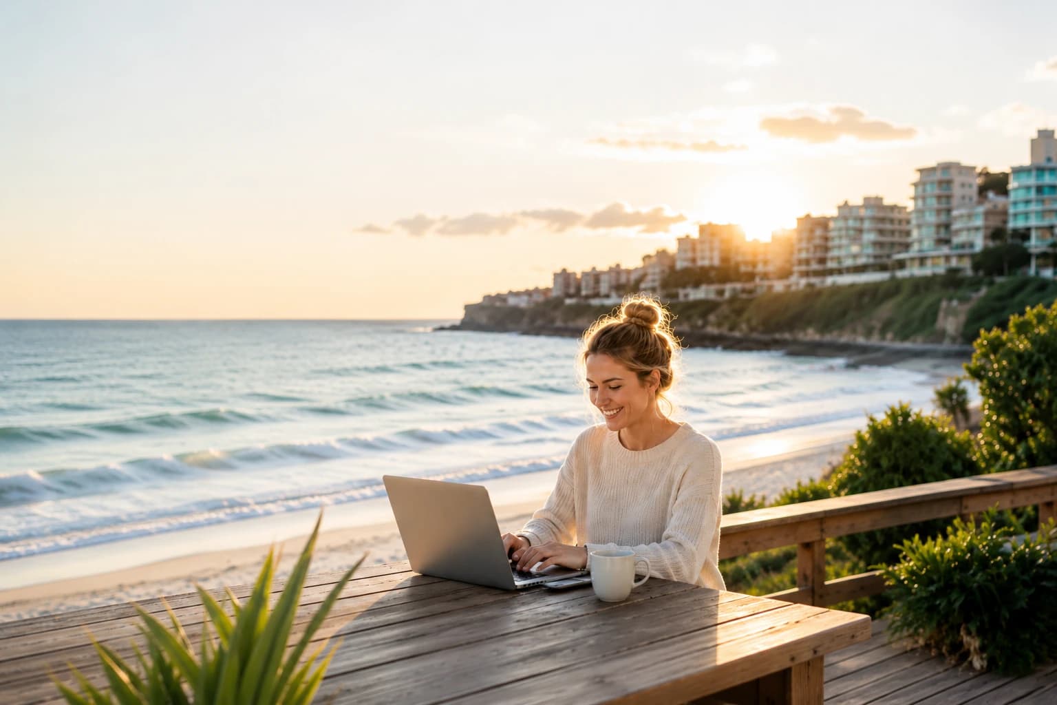 A woman at her laptop by the beach at sunset