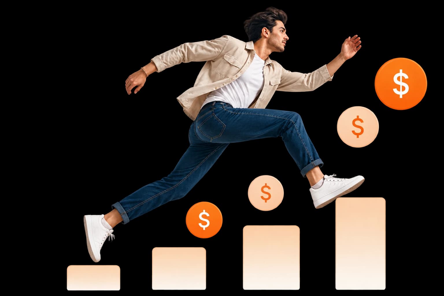 A man leaping up a rising set of steps past coins