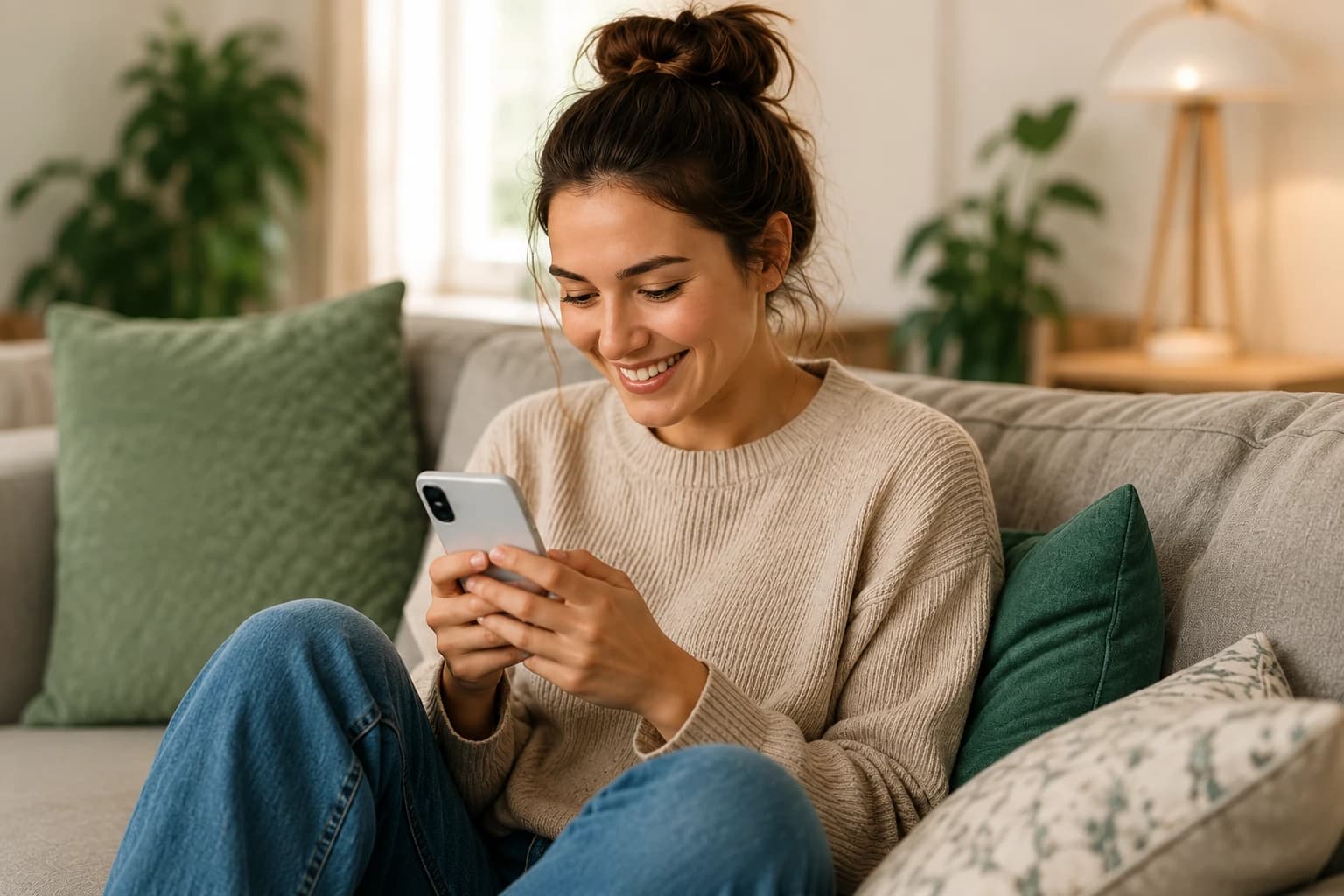A woman smiling at her phone on the sofa