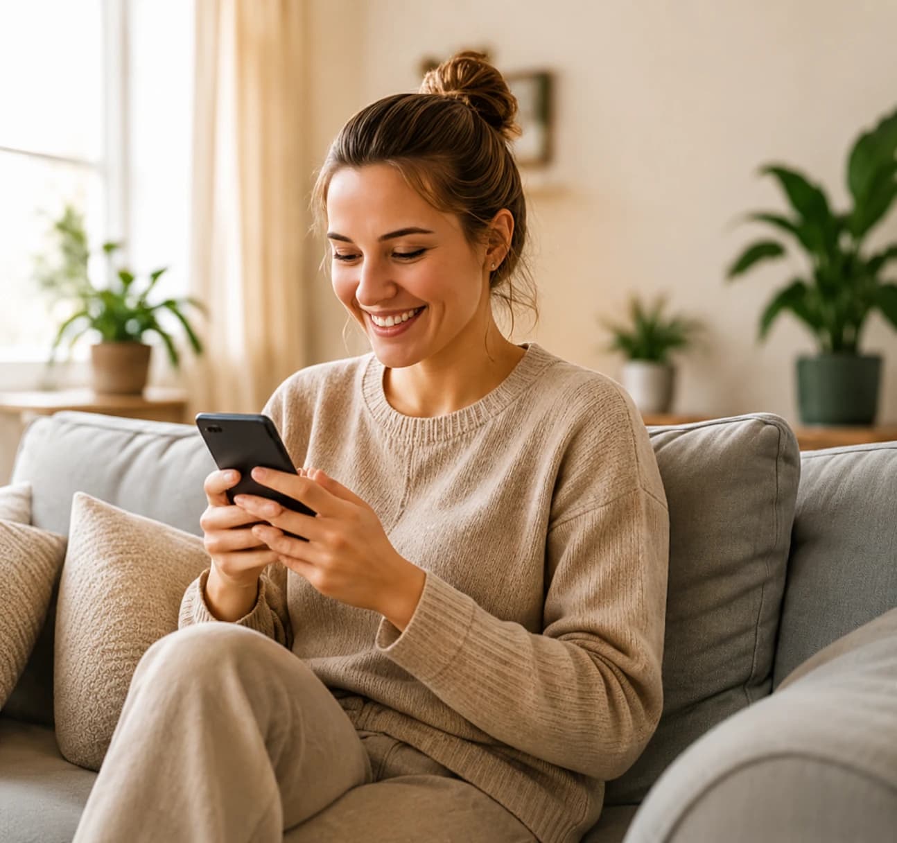 A woman on her phone on the sofa