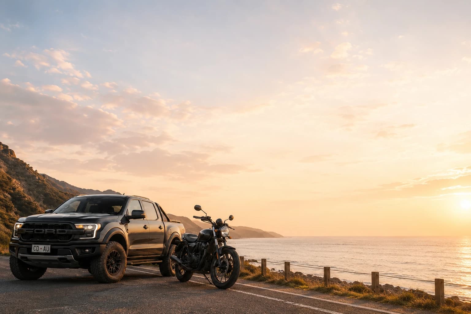 A ute and a motorbike parked on a coast road at sunset
