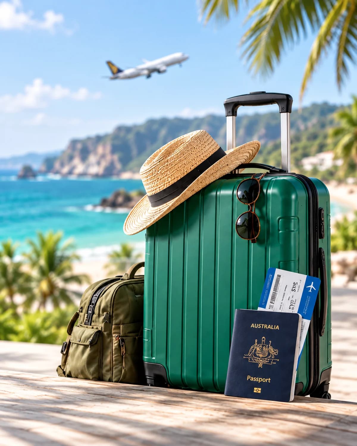 A green suitcase with a straw hat, sunglasses, a boarding pass and an Australian passport on a beach