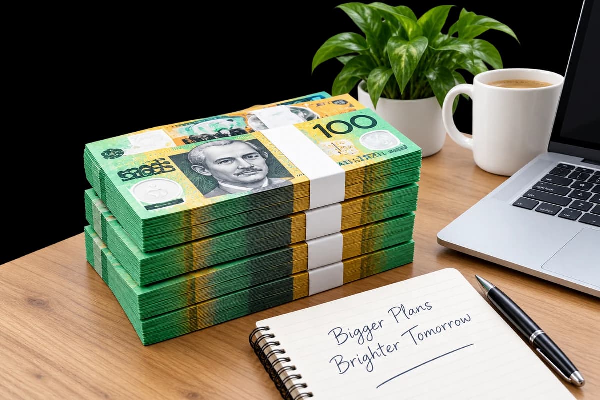 Bundles of Australian hundred-dollar notes on a desk beside a laptop and a notebook reading Bigger Plans, Brighter Tomorrow