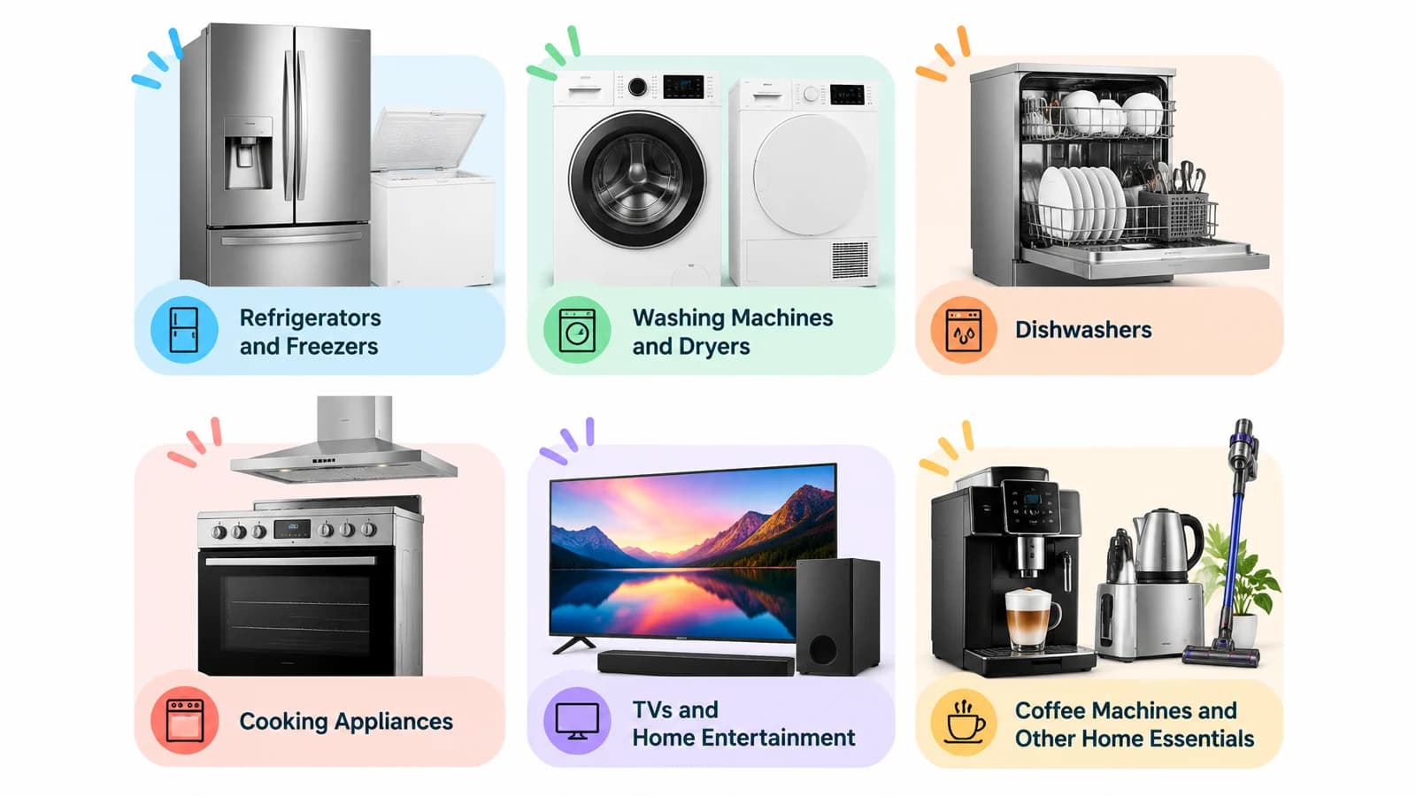 Appliance categories: refrigerators and freezers, washing machines and dryers, dishwashers, cooking appliances, TVs and home entertainment, coffee machines and other home essentials