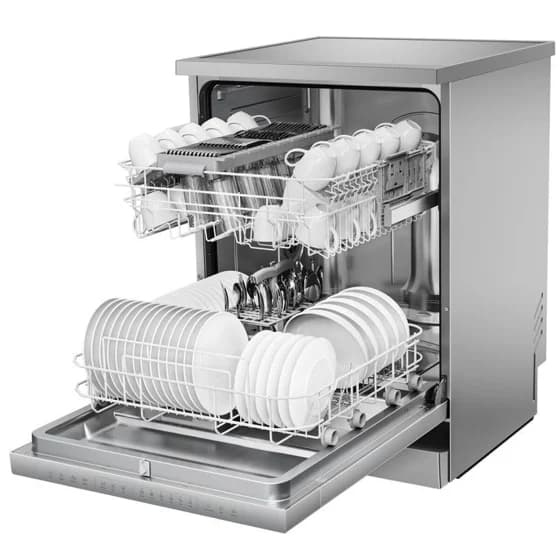 An open stainless steel dishwasher