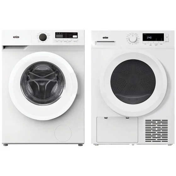 A front-loading washing machine beside a dryer