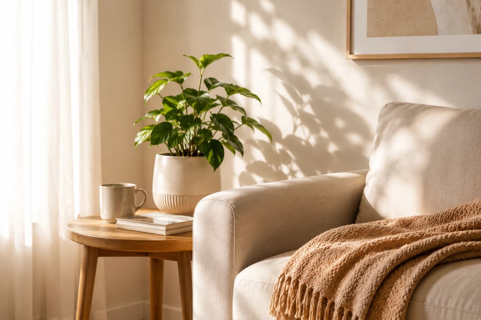 A bright living room with a sofa, an armchair and plants, ready to move into