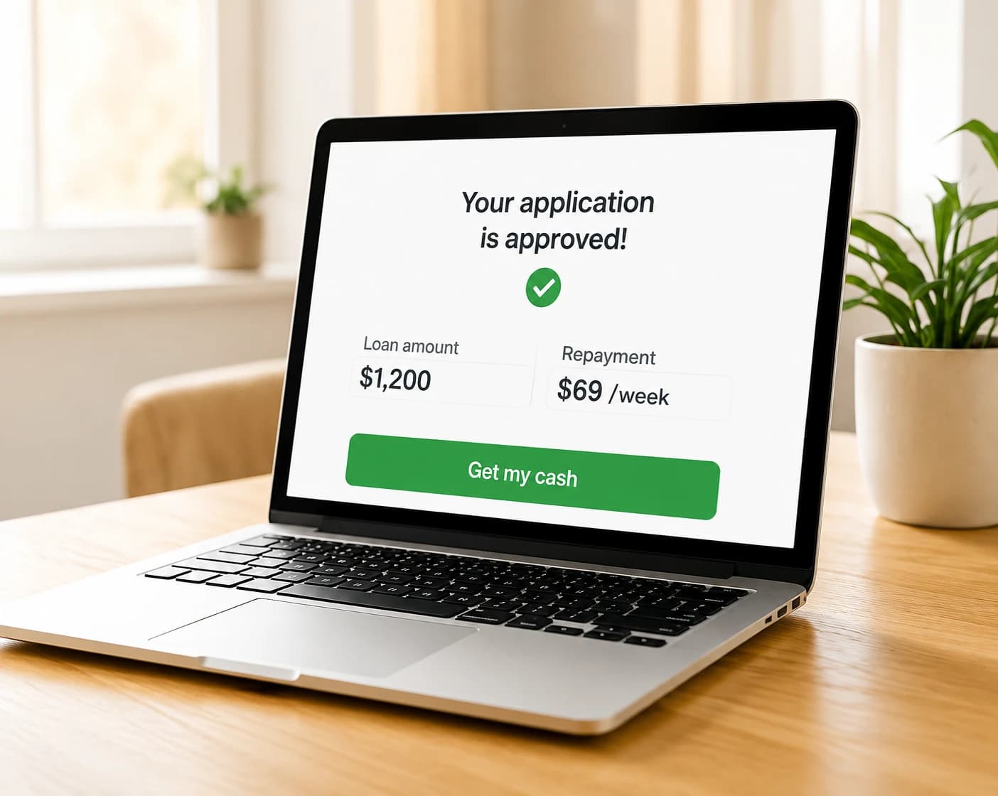 A laptop showing an approved loan application