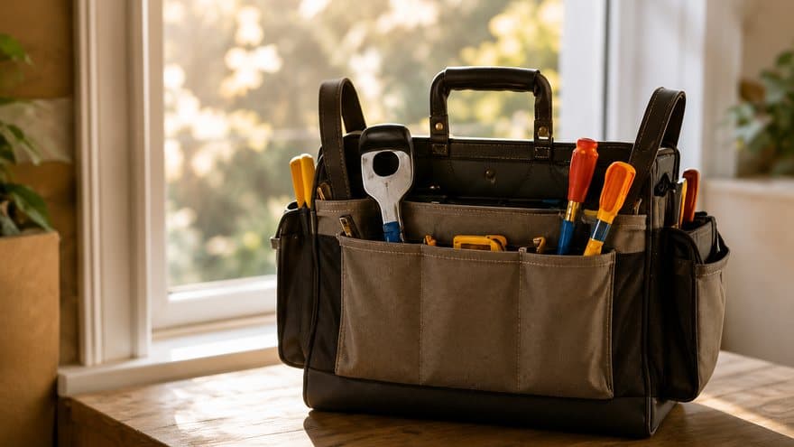A bag of tools on a workbench