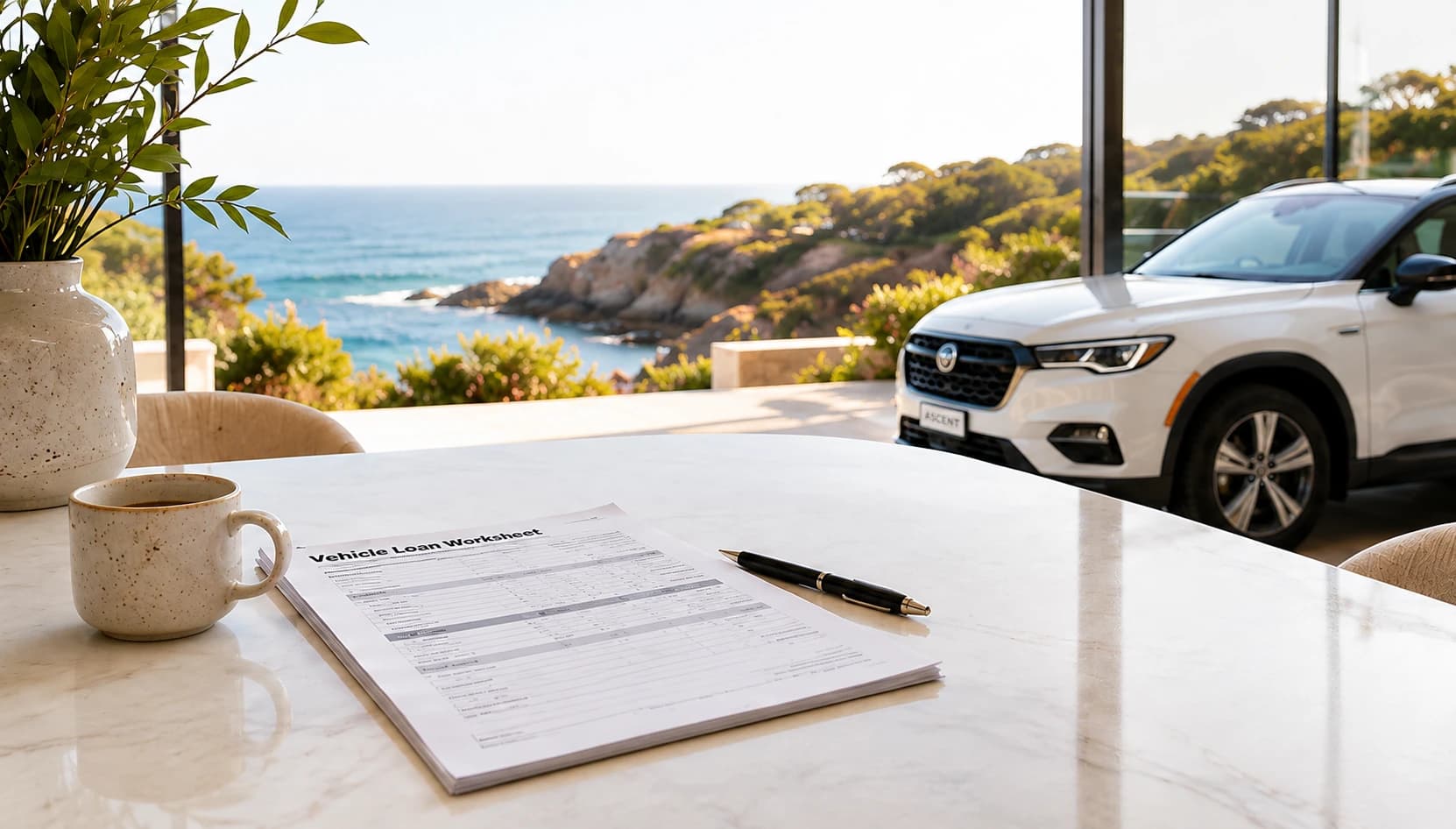 A loan contract and a pen on a table, a new car parked on the coast road outside