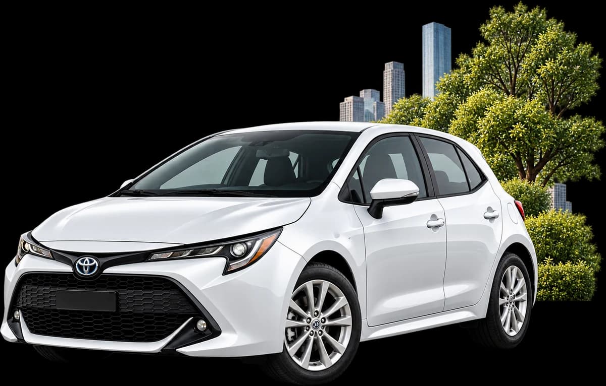 A white hatchback parked with a city skyline behind it
