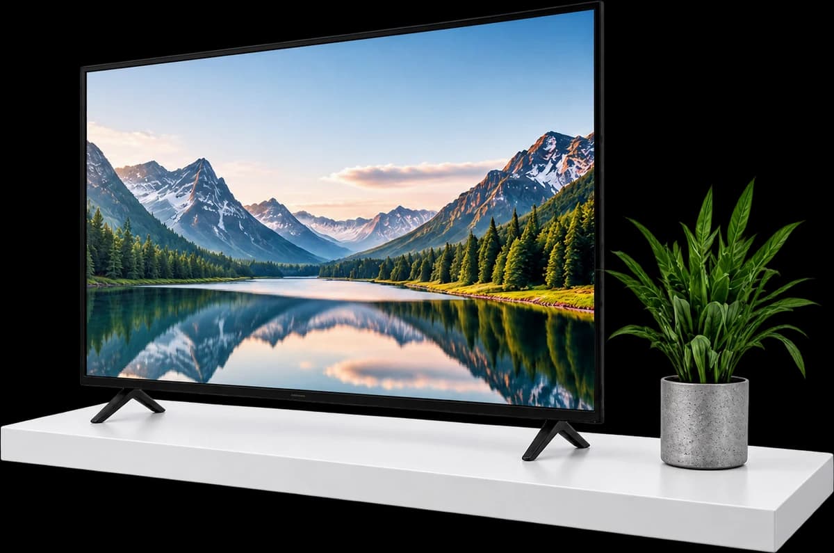 A new flat-screen TV on a white shelf beside a potted plant