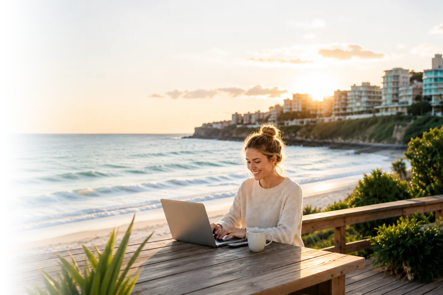 A woman at her laptop by the beach at sunset