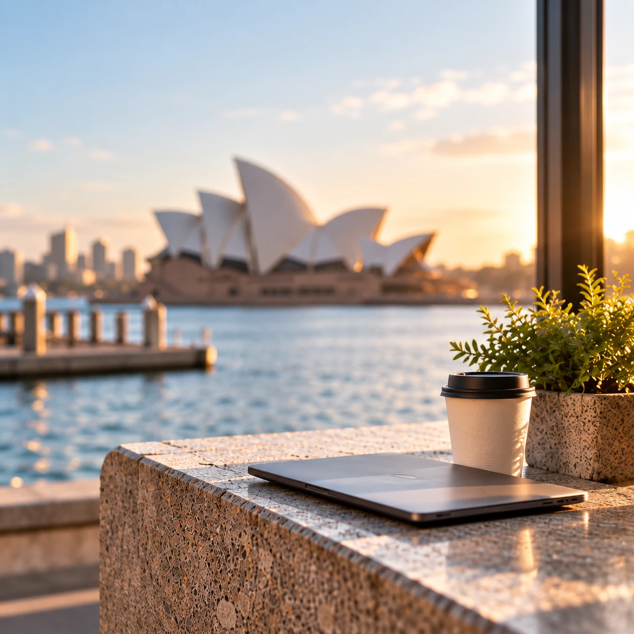 A laptop and coffee on a bench looking across the harbour at sunrise