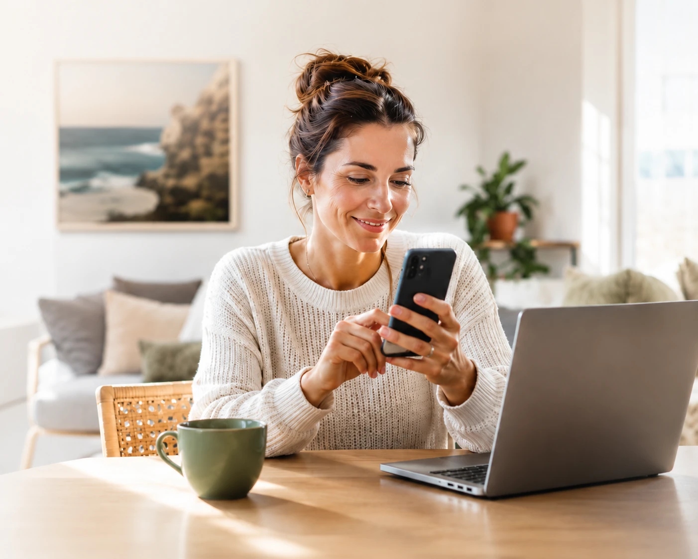 A woman checking her phone beside her laptop