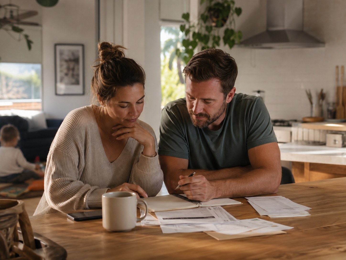 A couple going through their bills together at the kitchen table