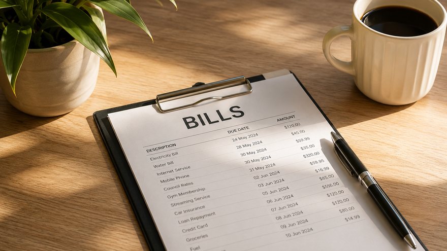 A clipboard of household bills on a desk beside a coffee