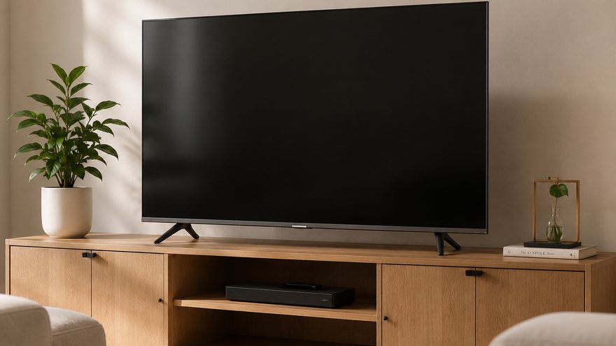 A large television on a timber cabinet in a bright living room