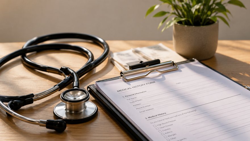 A stethoscope beside a clipboard on a desk