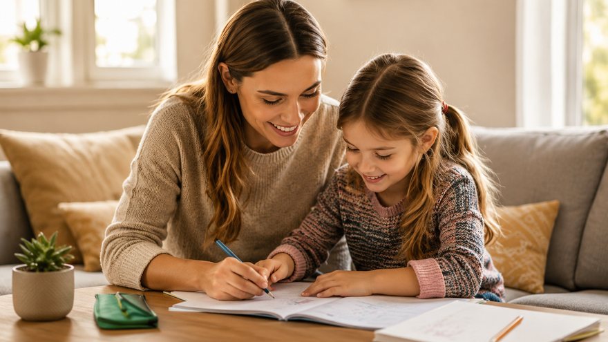 A mother helping her daughter with homework at home
