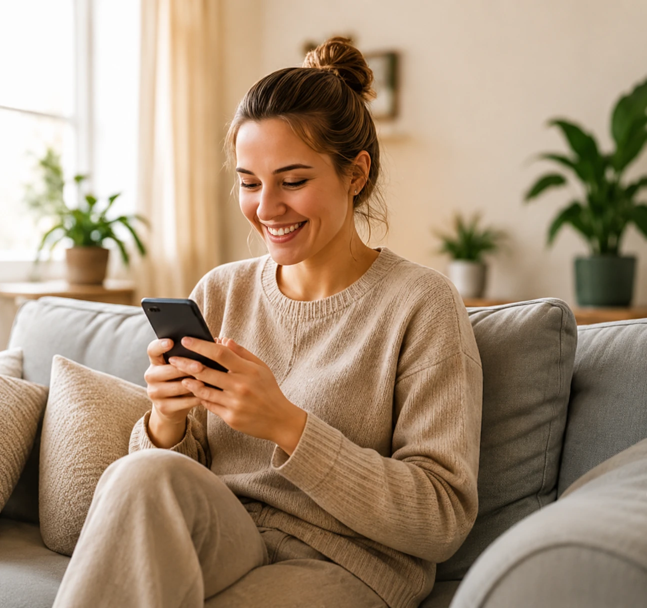 A woman on her phone on the sofa