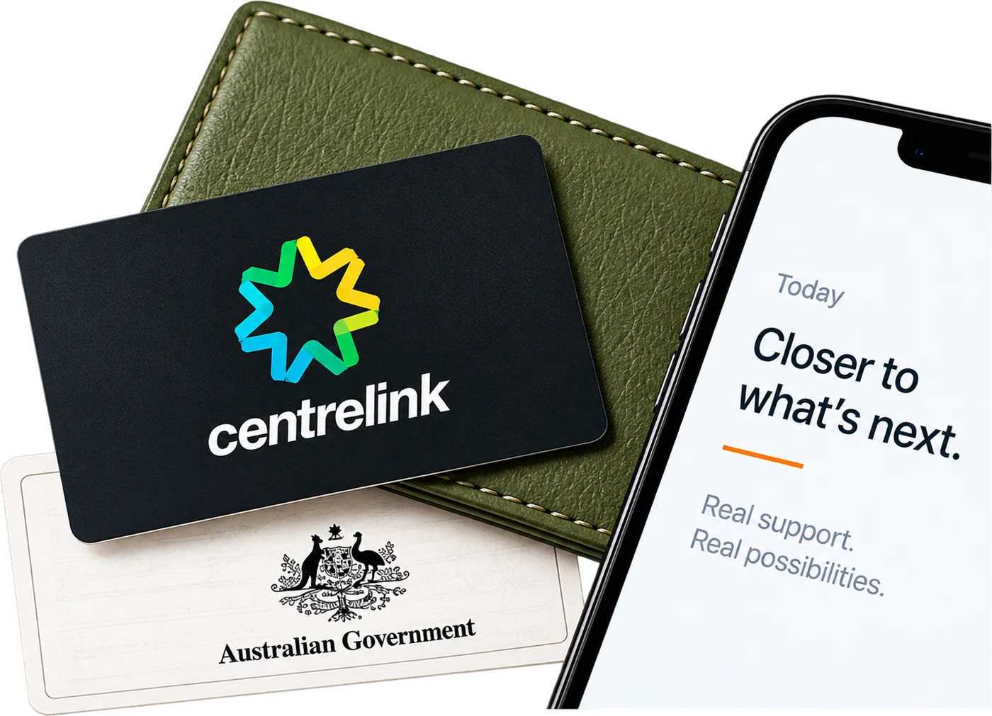 A Centrelink card on a wallet beside an Australian Government card and a phone