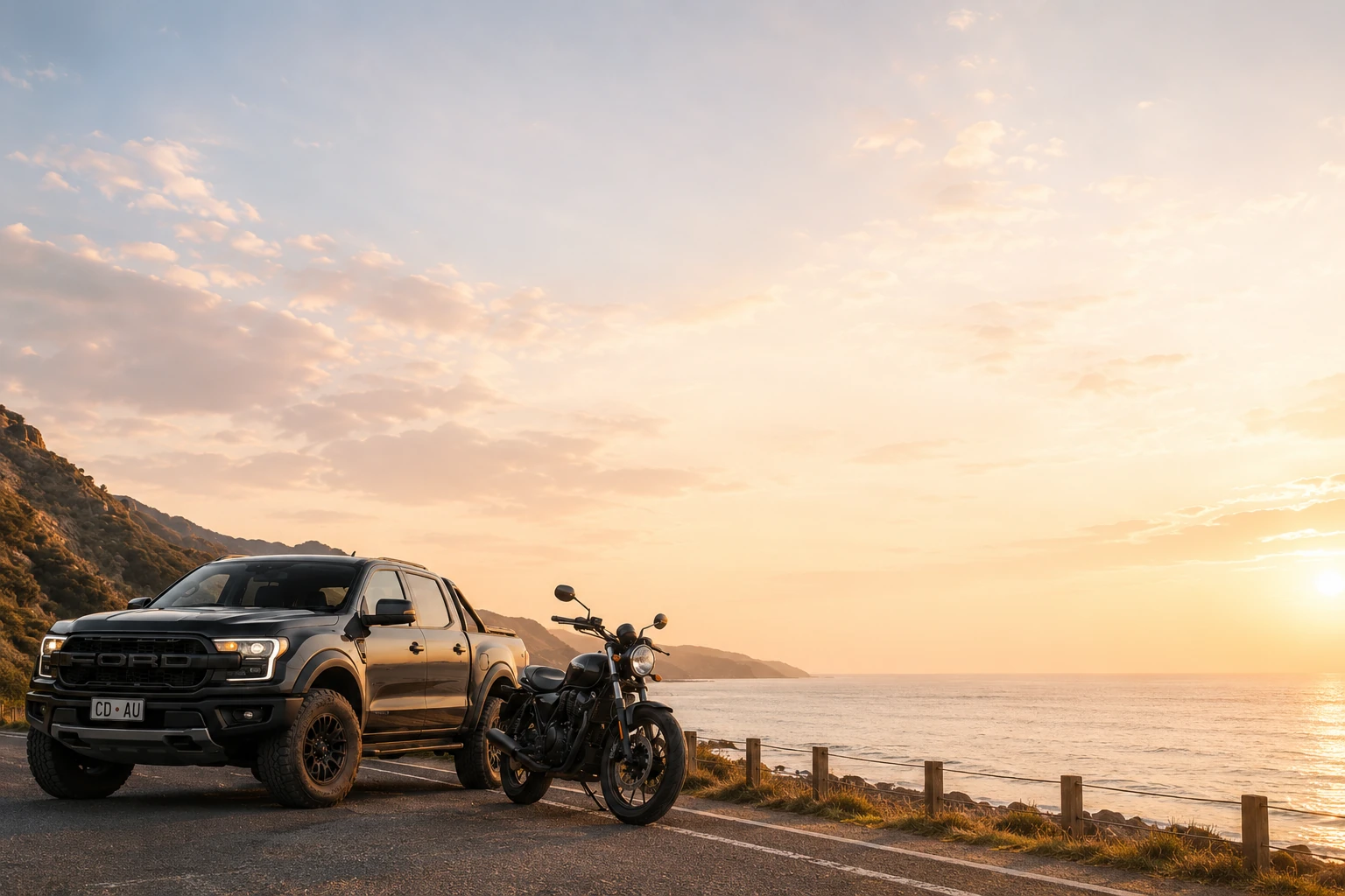 A ute and a motorbike parked on a coastal road