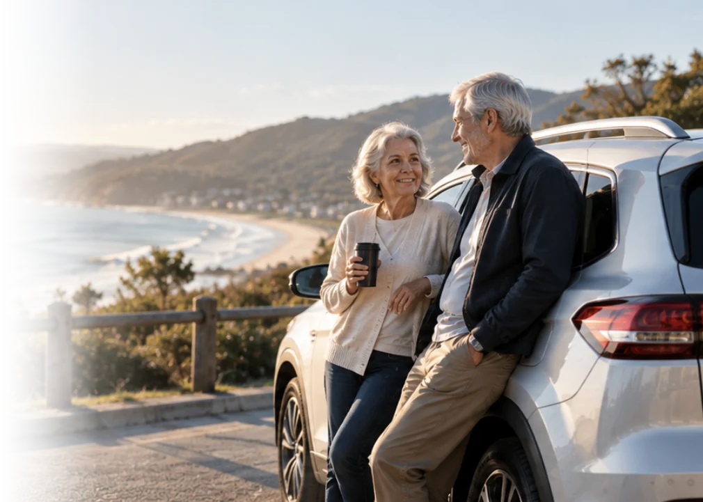 A couple leaning on their car by the coast