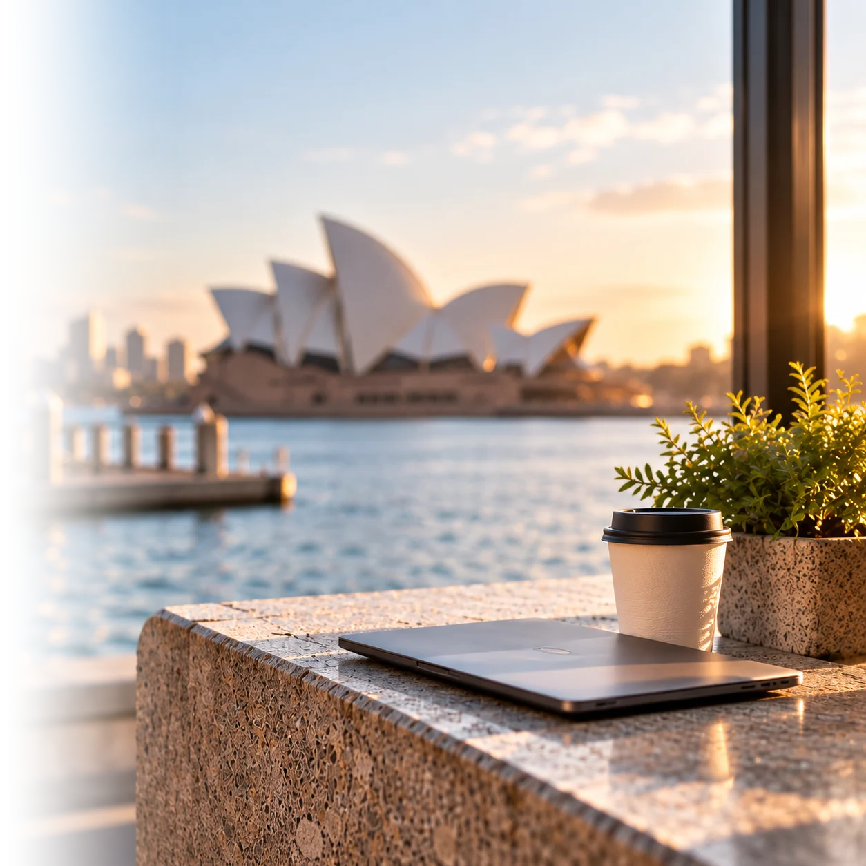 A laptop and coffee on a harbourside table in front of the Sydney Opera House